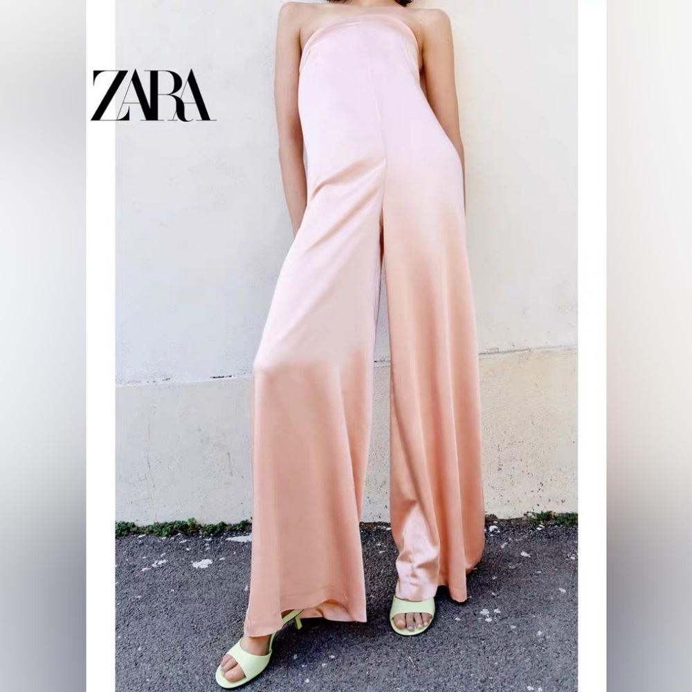 Zara pale Barbie pink satin wide leg jumpsuit romper